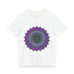 A close-up image of a purple and green mandala tee featuring an intricate and detailed design with floral and geometric patterns, perfect for adding unique and vibrant style to any outfit