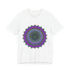 A close-up image of a purple and green mandala tee featuring an intricate and detailed design with floral and geometric patterns, perfect for adding unique and vibrant style to any outfit