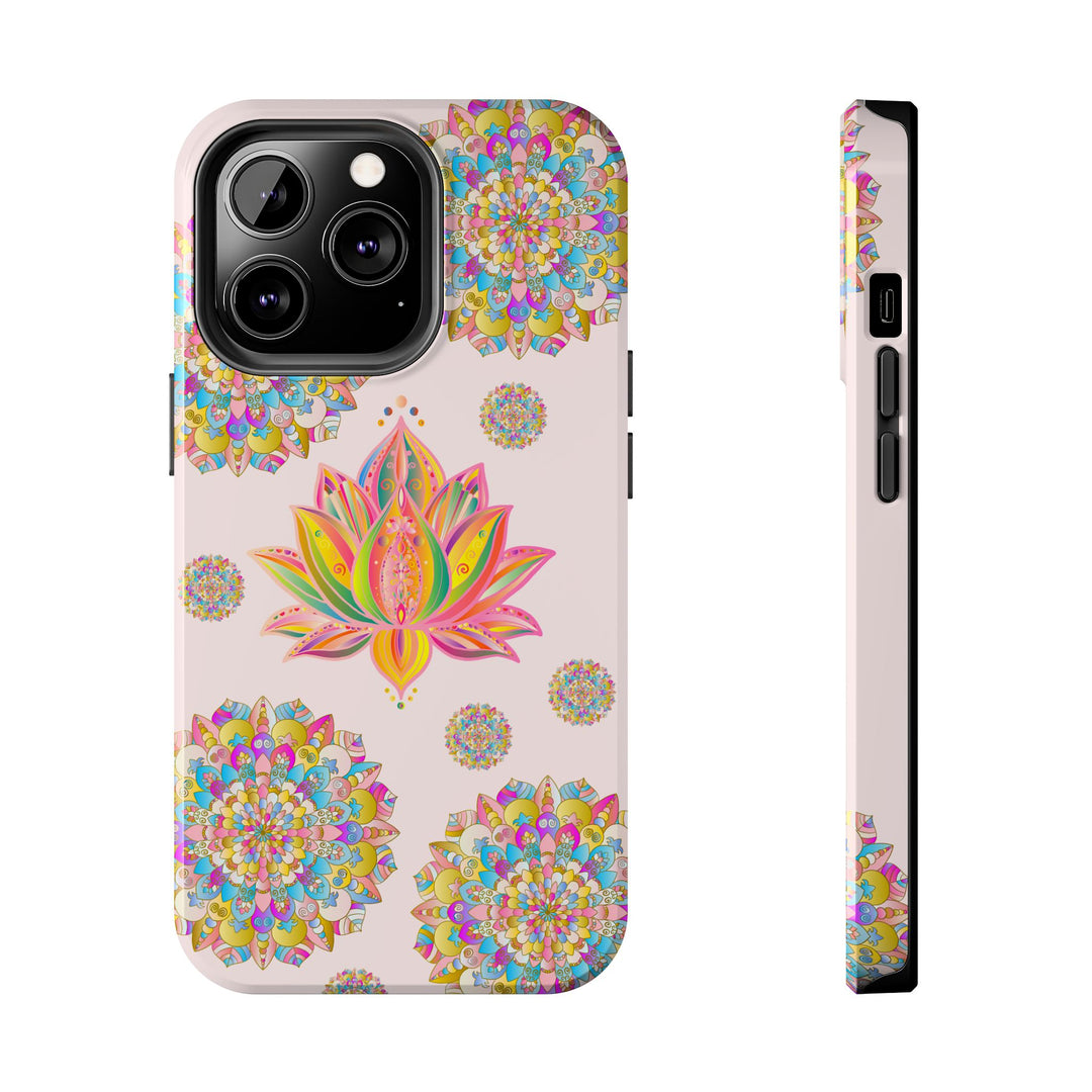 Beautiful light pink phone case with intricate lotus flower mandala design