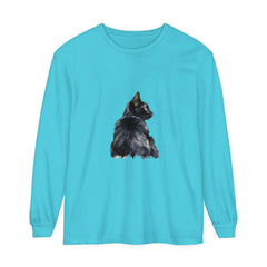 Black Cat Watercolor Long Sleeve T-Shirt with vibrant, hand-painted feline design
