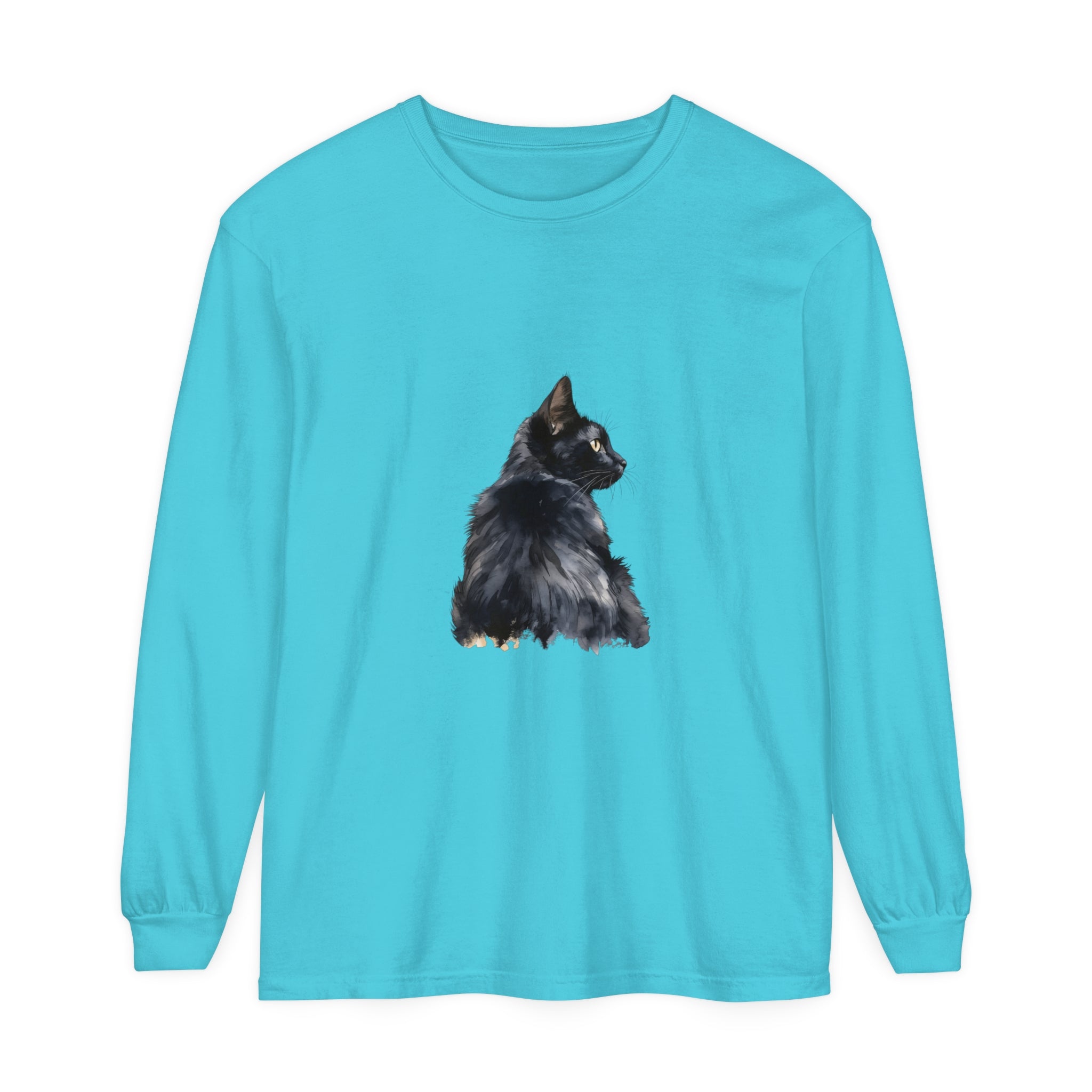 Black Cat Watercolor Long Sleeve T-Shirt with vibrant, hand-painted feline design
