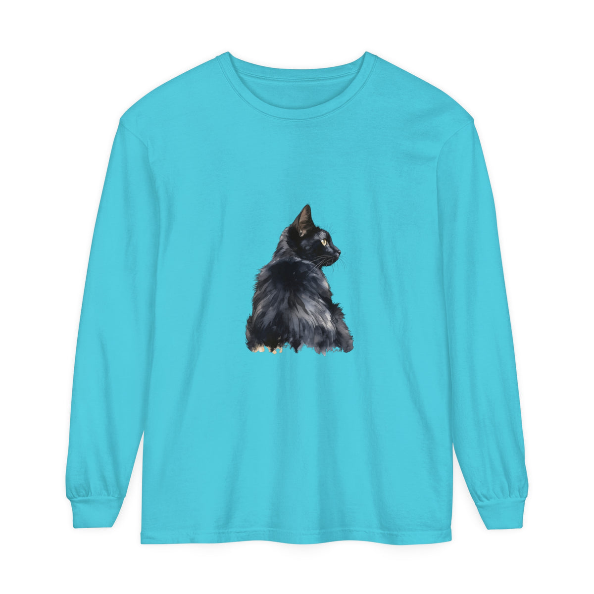 Black Cat Watercolor Long Sleeve T-Shirt with vibrant, hand-painted feline design