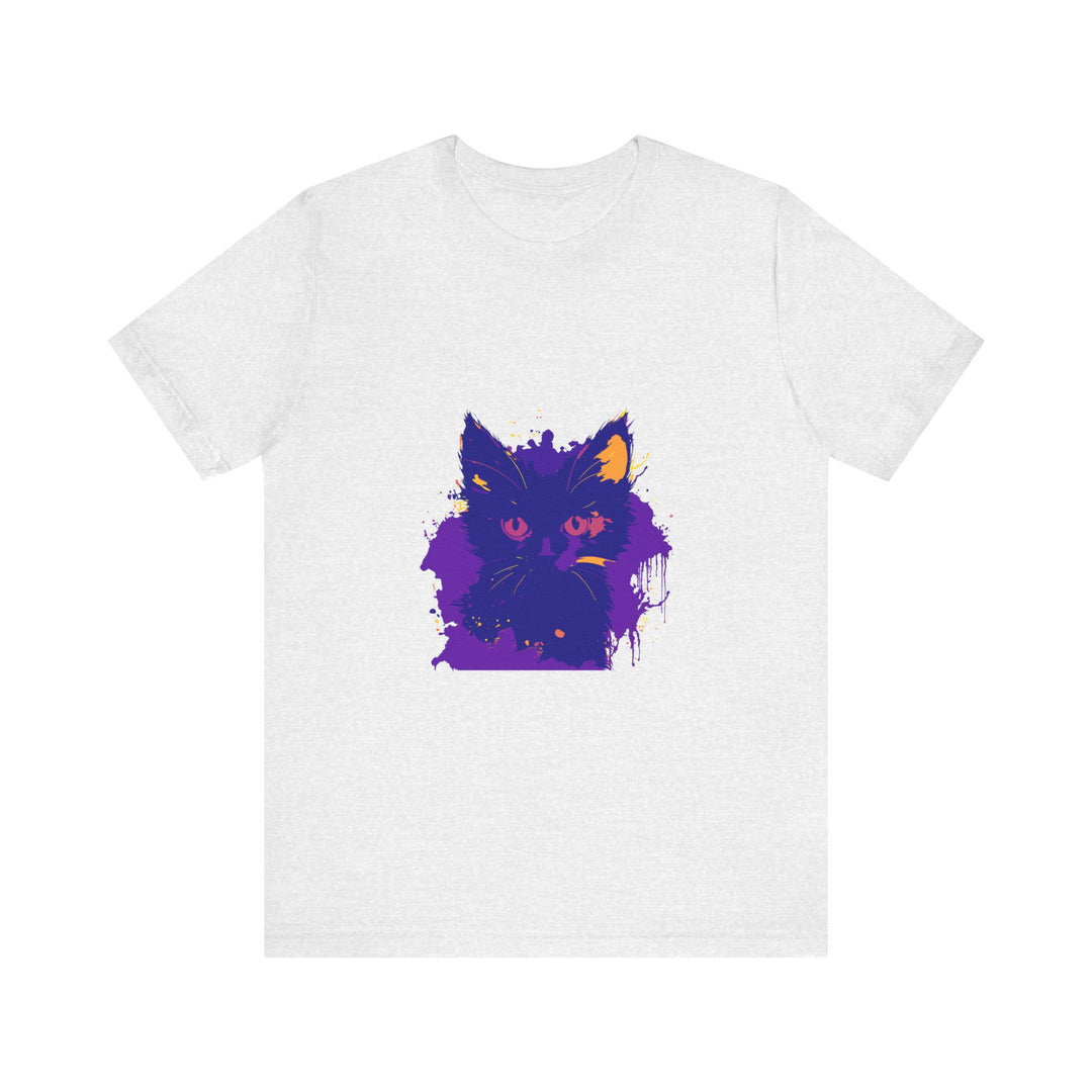 Whimsical blue and pink cat t-shirt with adorable cartoon feline design