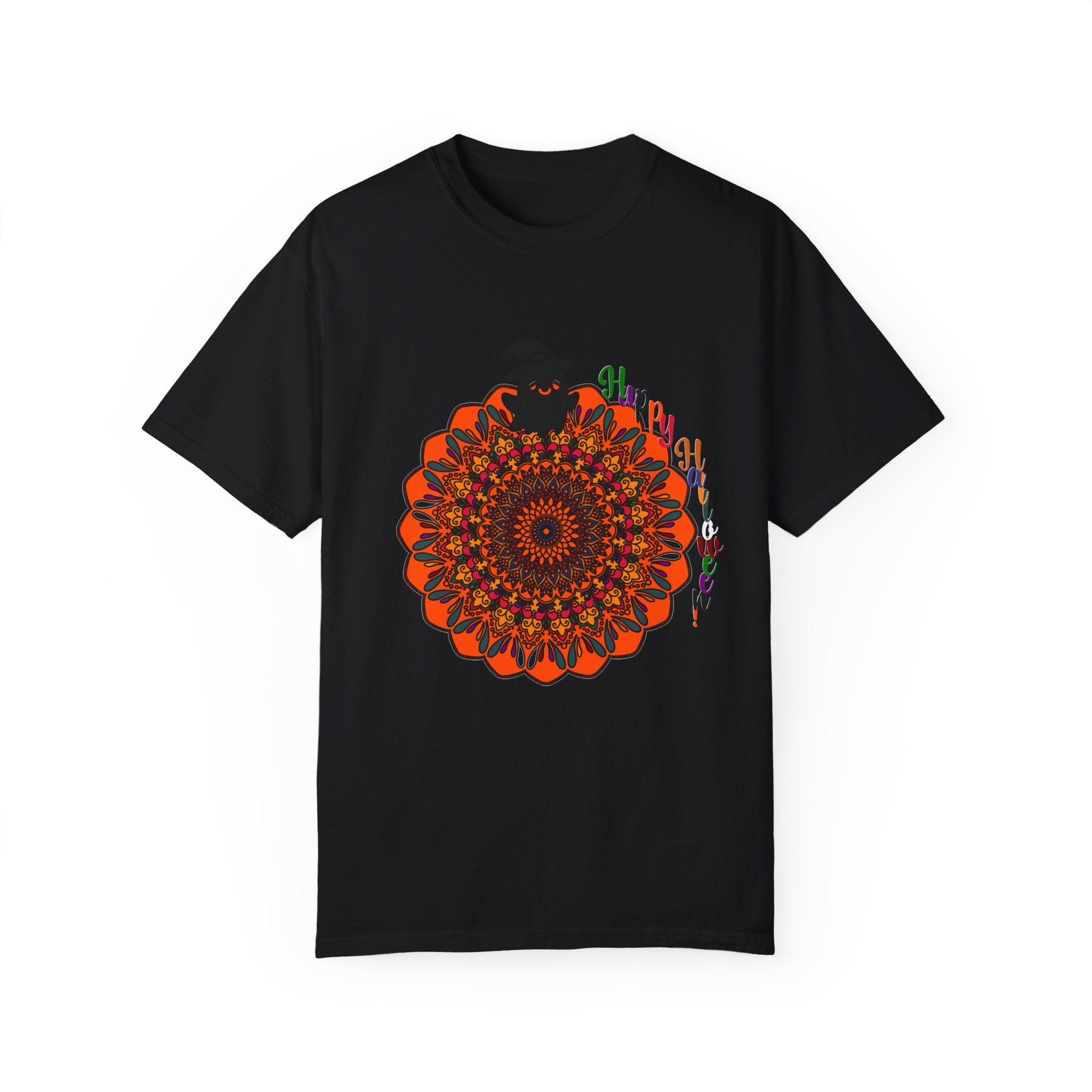 Handmade unisex Halloween mandala t-shirt featuring intricate pumpkin mandala art on a garment-dyed tee