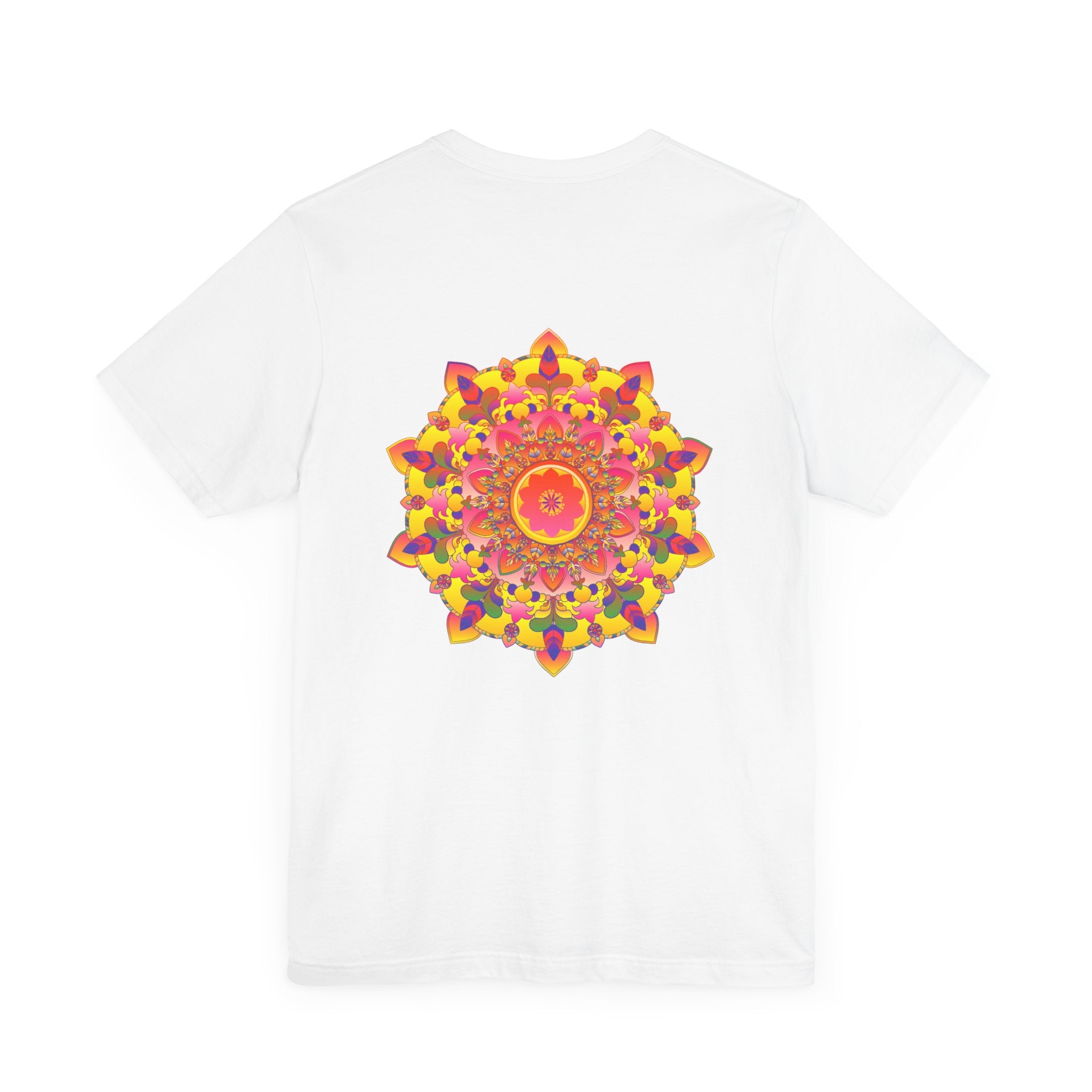 A close-up image of a colorful mandala tee featuring intricate designs, symbolizing spiritual peace and harmony for a vibrant and tranquil look