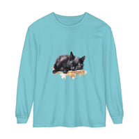 A realistic watercolor painting of a sleeping black cat on a soft, comfortable t-shirt