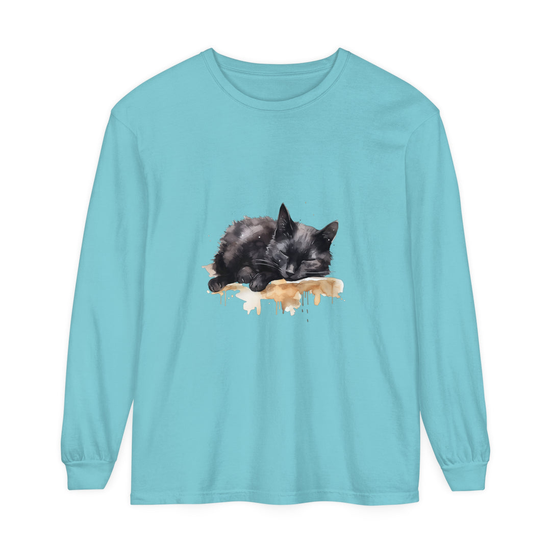 A realistic watercolor painting of a sleeping black cat on a soft, comfortable t-shirt