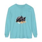 A realistic watercolor painting of a sleeping black cat on a soft, comfortable t-shirt