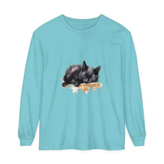 A realistic watercolor painting of a sleeping black cat on a soft, comfortable t-shirt