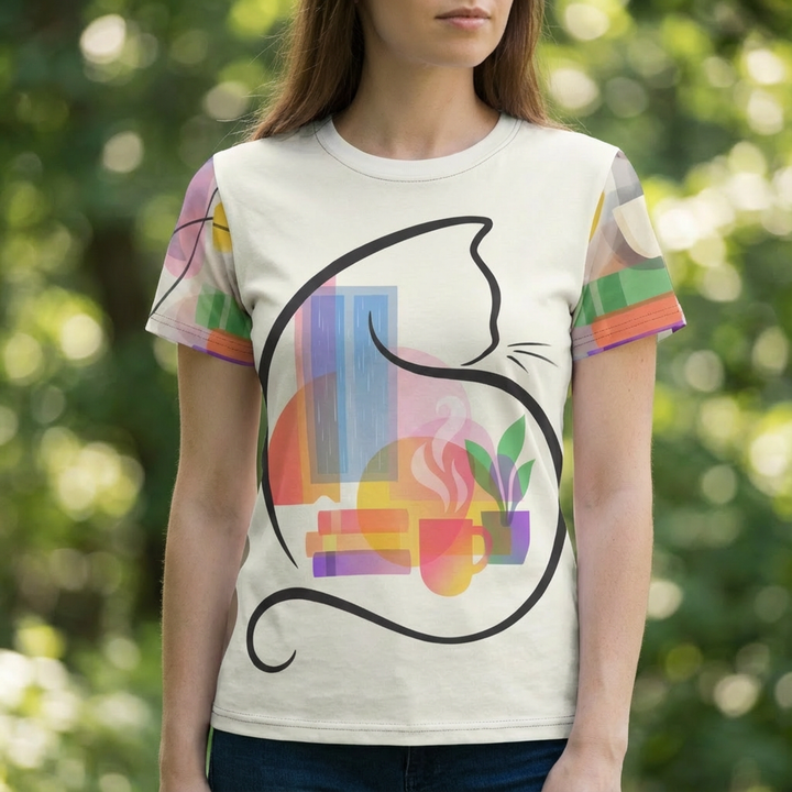 Introvert Cat Daydream Tee: double-exposure cat design in warm pink (#FF6B6B) with accents in yellow (#FFD93D) and teal (#6BCB77) on a white background; lifestyle studio close-up showing the cozy inner world motif with a crescent cat silhouette, books, a steaming cup, and a plant inside the silhouette