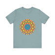 A close-up image of a vibrant mandala tee featuring a colorful and intricate geometric design perfect for adding a pop of color to any outfit