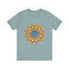 A close-up image of a vibrant mandala tee featuring a colorful and intricate geometric design perfect for adding a pop of color to any outfit