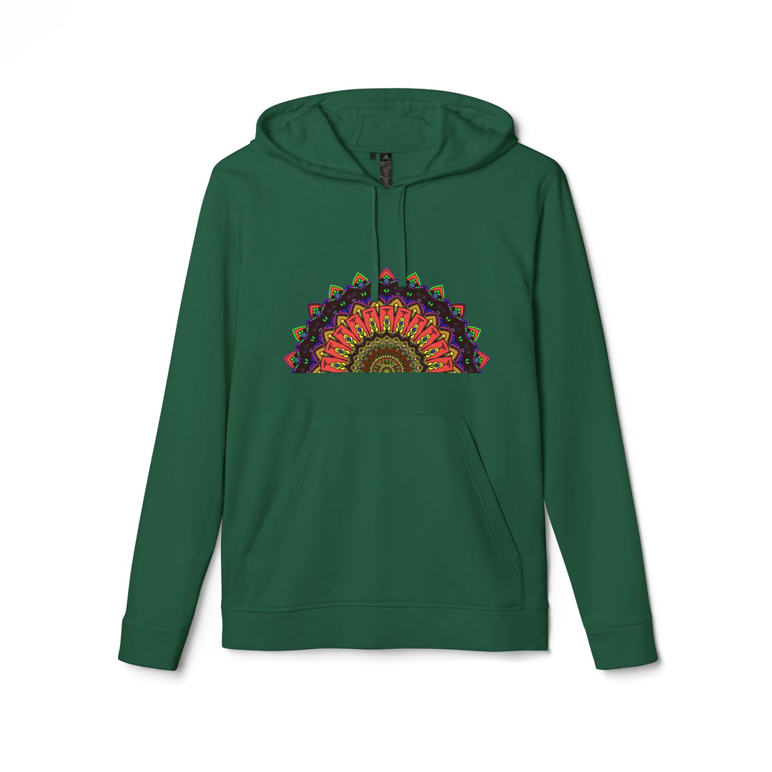 A close-up image of a Blululi Mandala Fleece Hoodie with custom Adidas logo