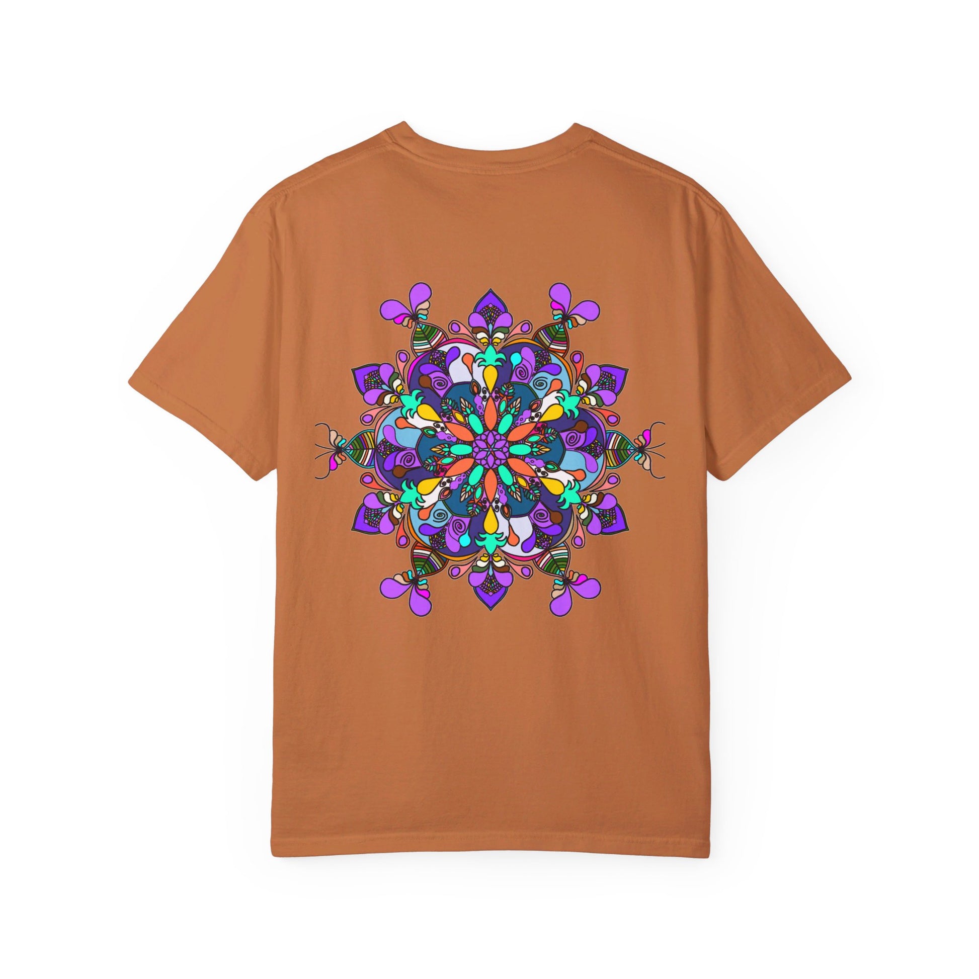 Unisex Mandala T-Shirt - A colorful, hand-drawn mandala design printed on a 100% ring-spun cotton t-shirt, garment-dyed for extra comfort