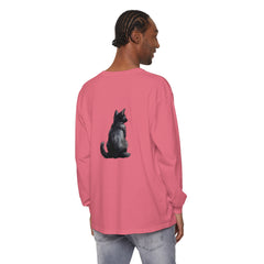 Black Cat Mystery unisex long sleeve tee, featuring a sleek black cat design