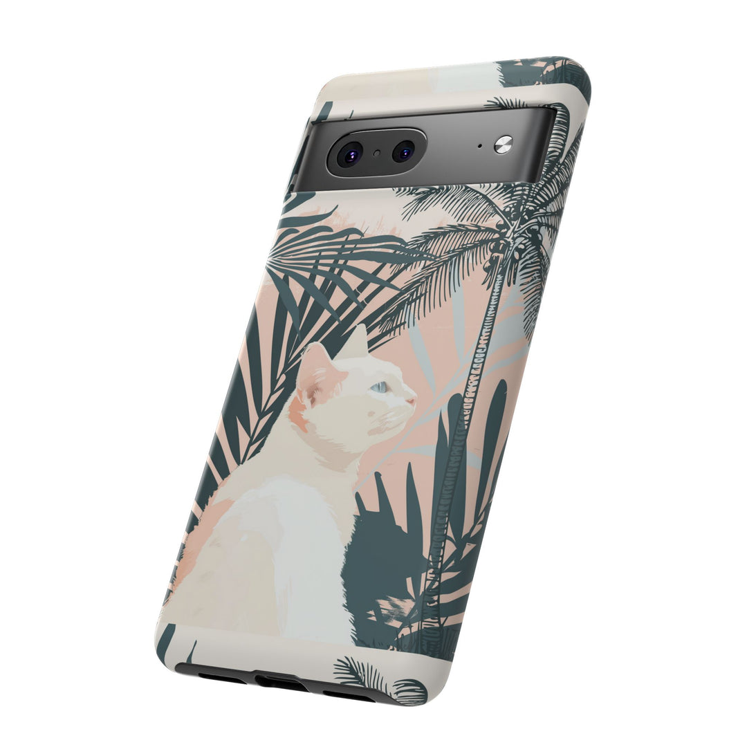 Tropische Katzen-Telefonhülle mit üppigen Palmenmotiven und sanften Pastelltönen