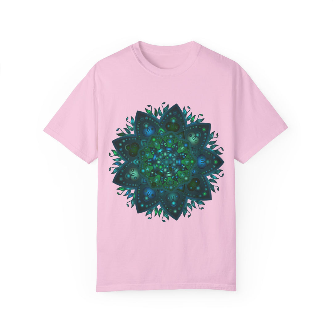 Unisex hand-drawn intricate mandala t-shirt in vibrant colors and detailed design