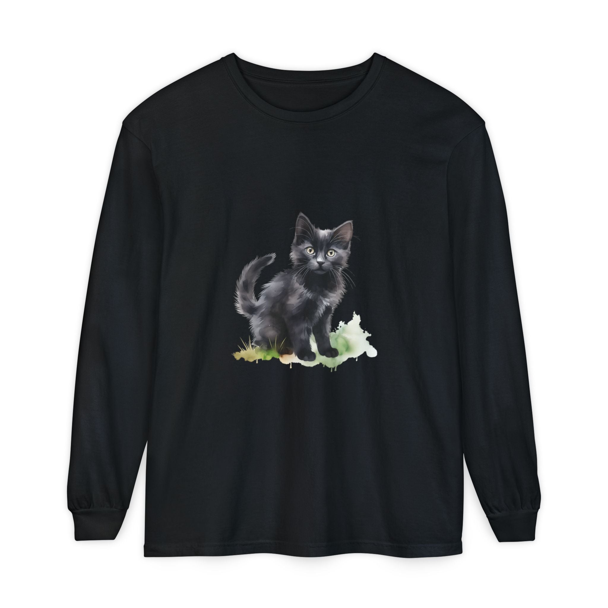 Maglietta a maniche lunghe con gatto nero e acquerello