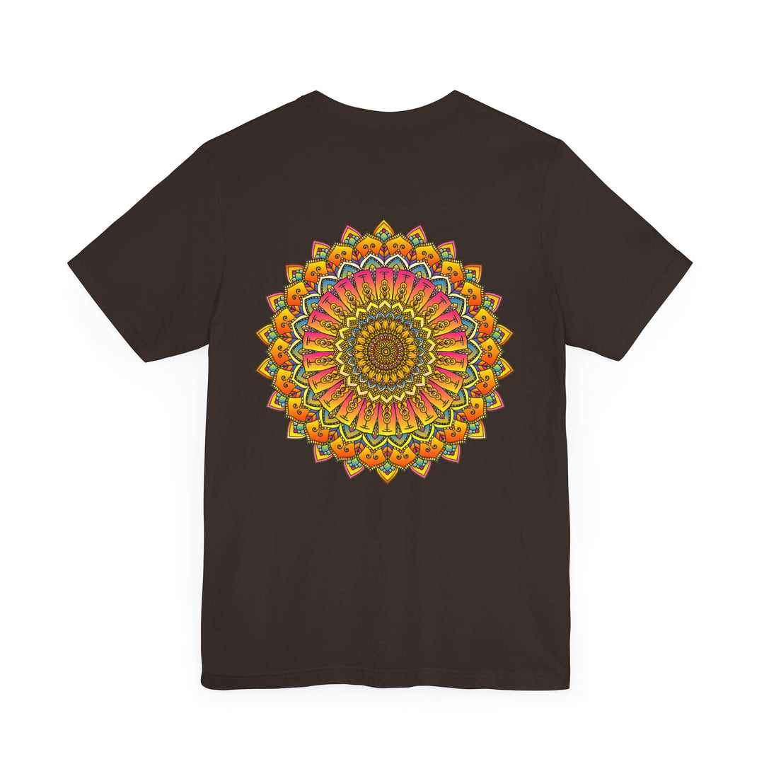 Alt text: A colorful mandala design on a vibrant tee, symbolizing spiritual peace, harmony, and tranquility, perfect for those seeking inner balance and enlightenment