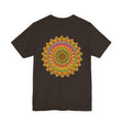 Alt text: A colorful mandala design on a vibrant tee, symbolizing spiritual peace, harmony, and tranquility, perfect for those seeking inner balance and enlightenment
