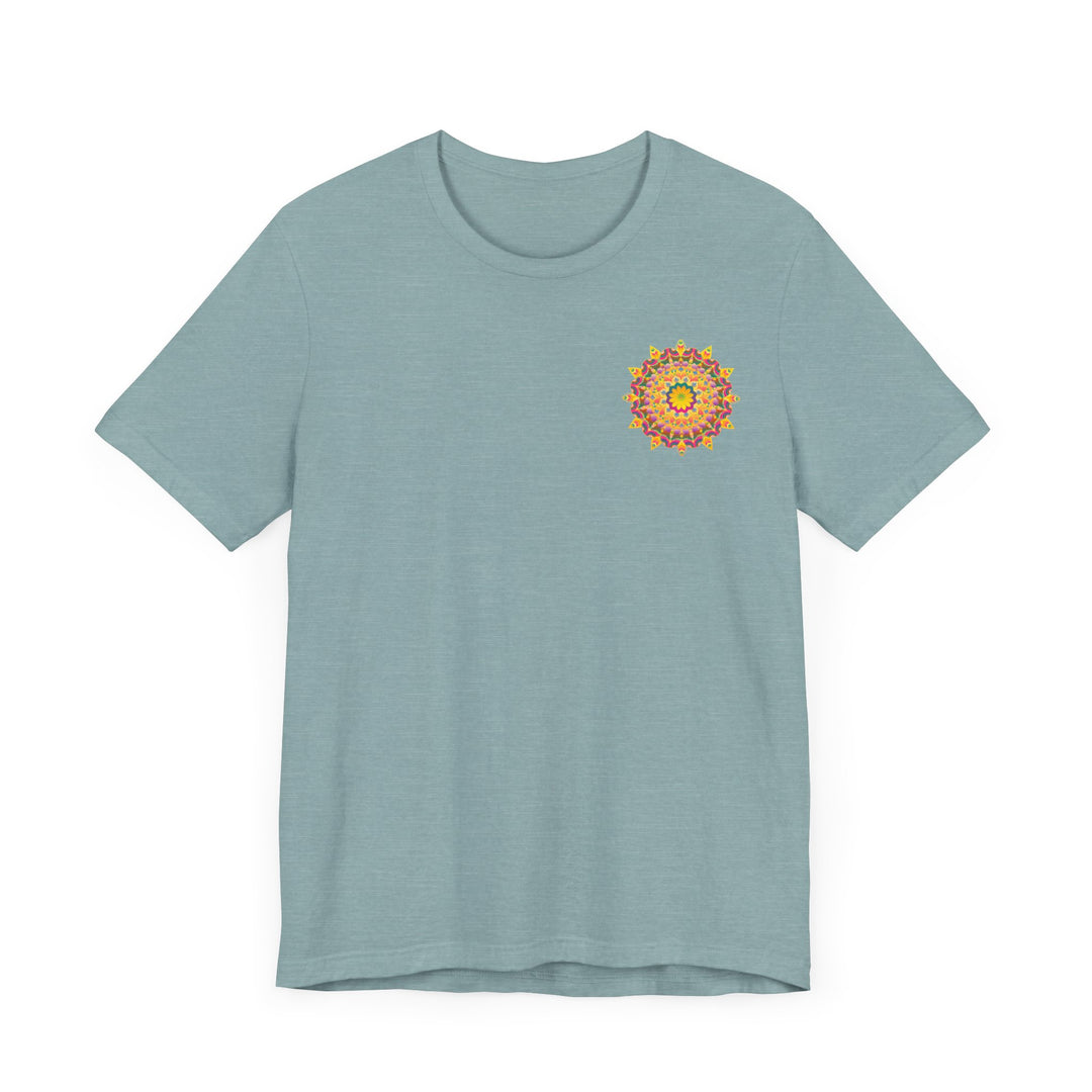 Vibrant Mandala Tee - Peace & Harmony, a beautiful and colorful garment with intricate mandala design symbolizing tranquility and balance