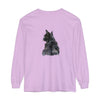 A watercolor illustration of a black cat on a long sleeve t-shirt