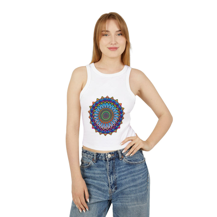 Vibrant Mandala Racerback Tank Top with bold, colorful design and comfortable fit for active lifestyles