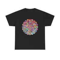 Colorful mandala art design on cotton t-shirt for mindfulness and yoga