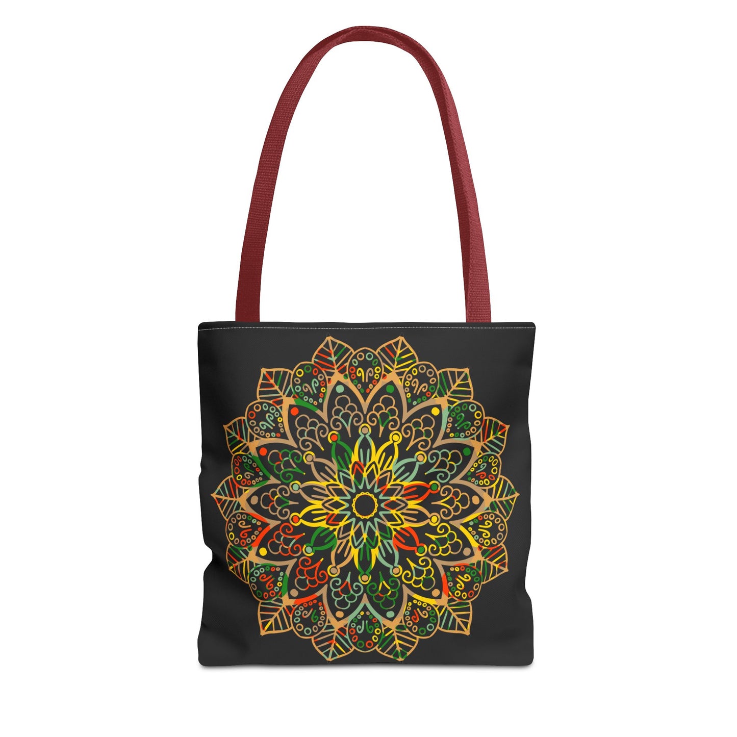 A vibrant and unique hand-drawn mandala art tote bag, perfect for carrying your essentials in style