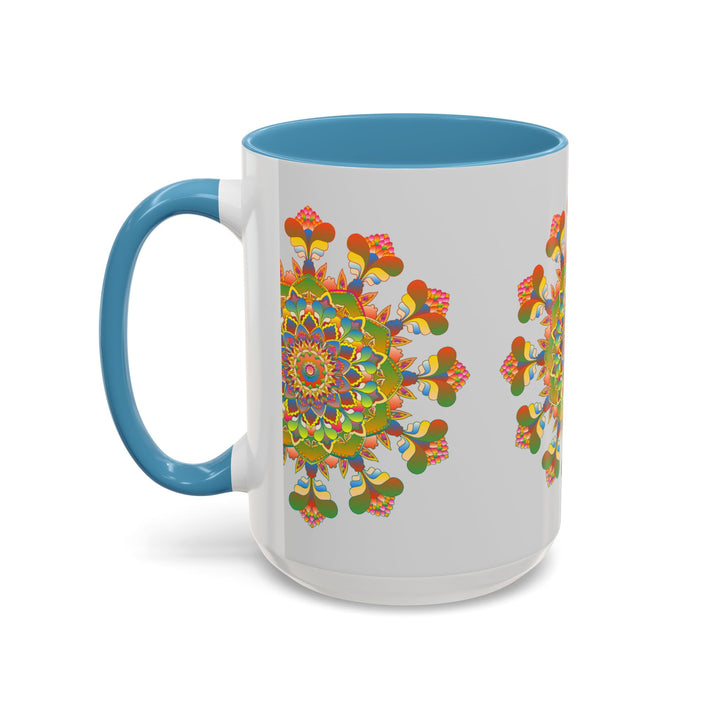 Colorful and intricate mandala art design on ceramic mug with handle