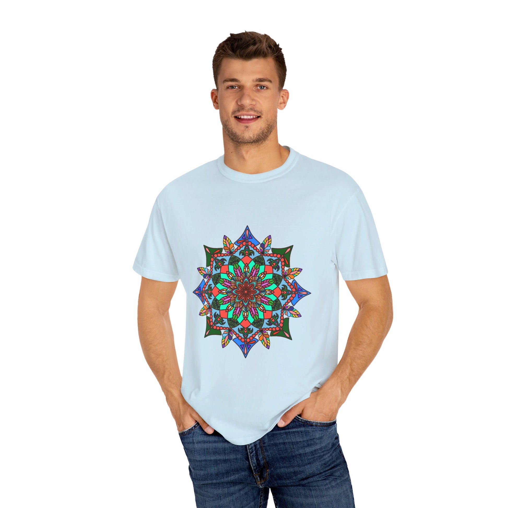 Unisex Mandala T-Shirt made of 100% Ring-Spun Cotton, featuring Hand-Drawn Mandala Art and Garment-Dyed for Extra Comfort