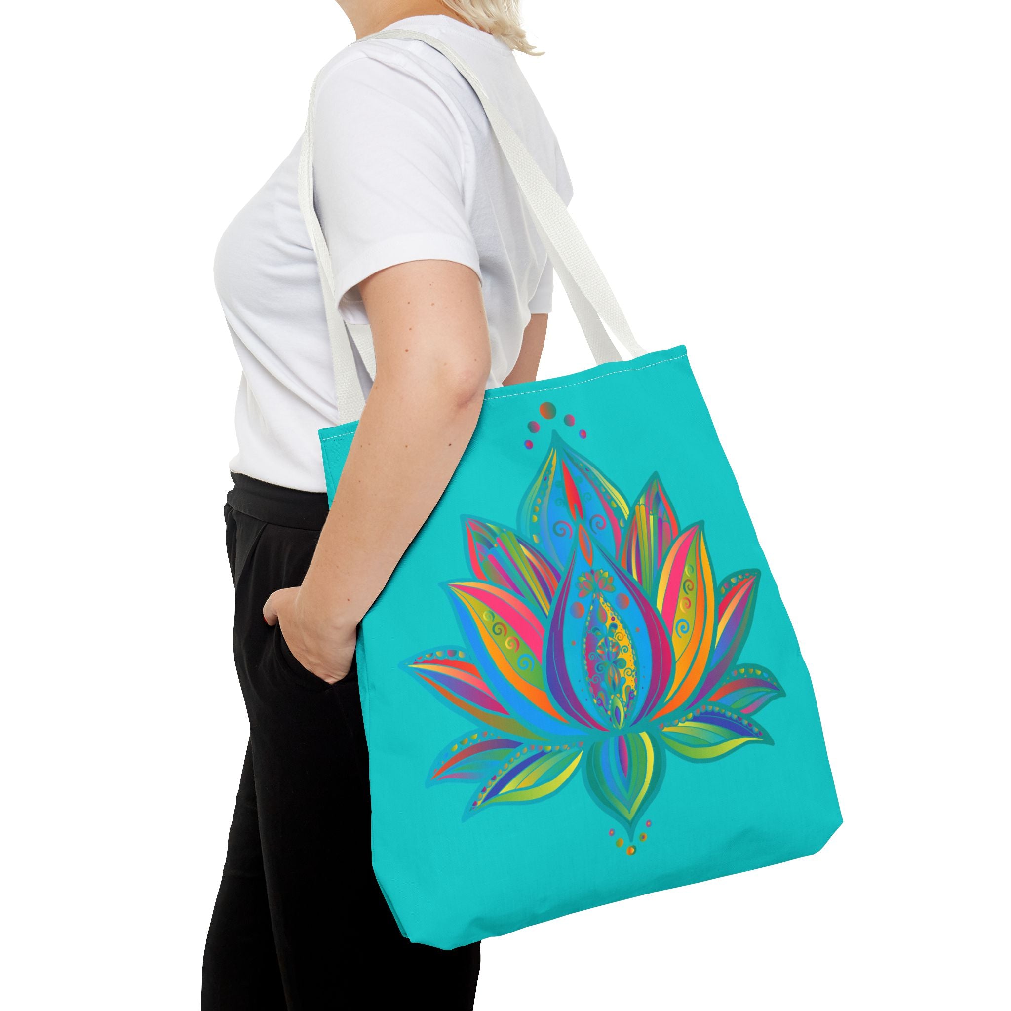 Beautiful azure blue Mandala Lotus Tote Bag with intricate design and spacious interior for versatile use and stylish functionality