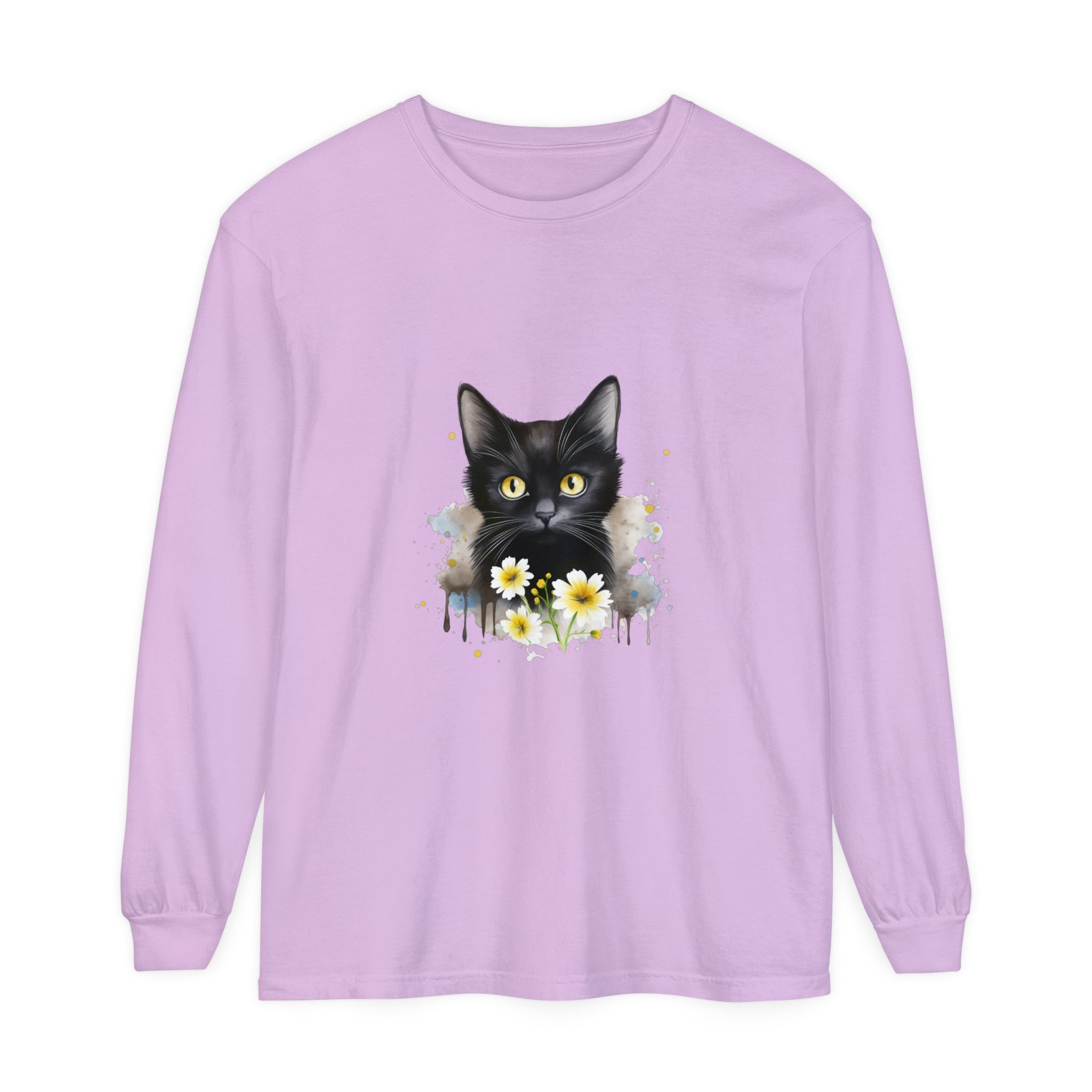 Black Cat Watercolor Floral Unisex T-Shirt featuring a beautiful, hand-painted design of a black cat surrounded by colorful flowers on a high-quality, comfortable t-shirt