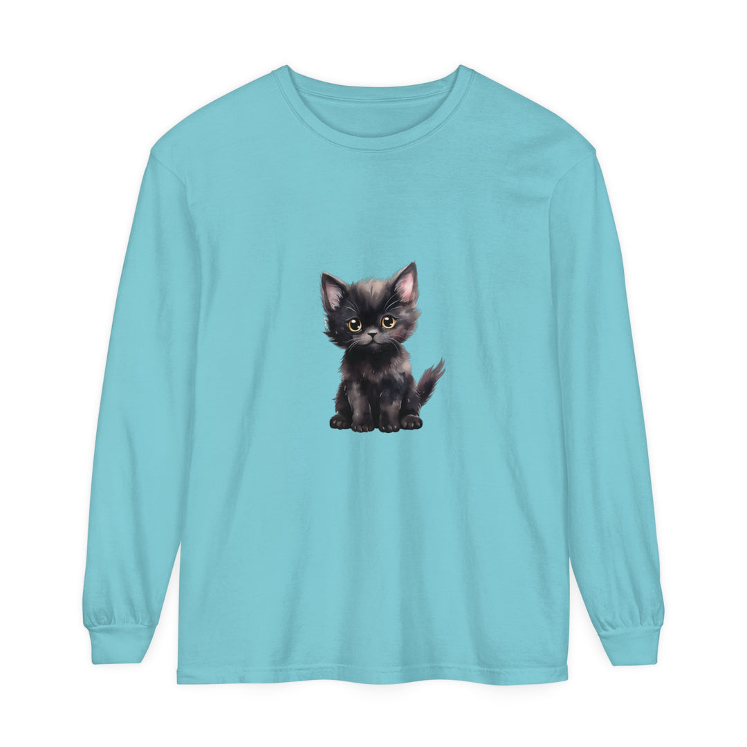 A cute black kitten with striking yellow eyes printed on a long sleeve t-shirt