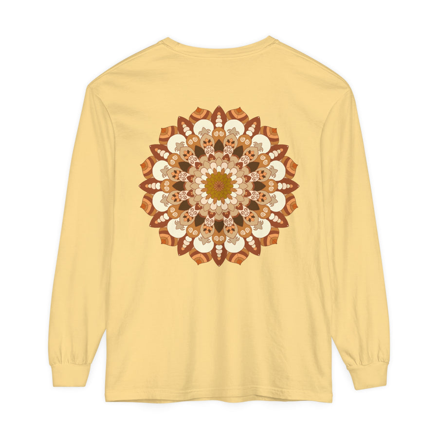 Intricate mandala design in vibrant colors on a unisex long sleeve T-shirt