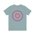 A colorful and intricate mandala design tee shirt symbolizing spiritual peace and harmony