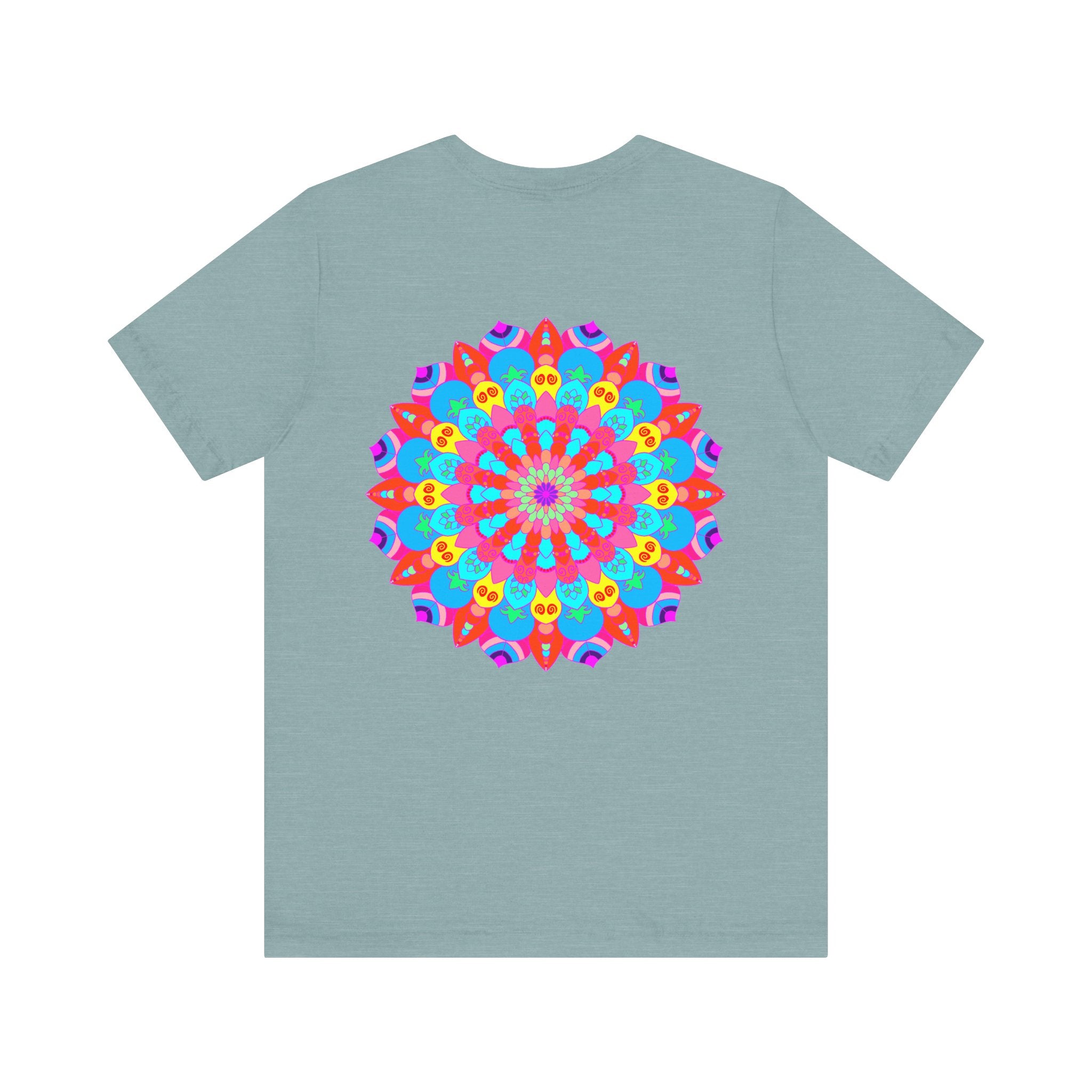 A colorful and intricate mandala design tee shirt symbolizing spiritual peace and harmony