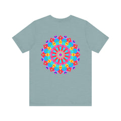 A colorful and intricate mandala design tee shirt symbolizing spiritual peace and harmony