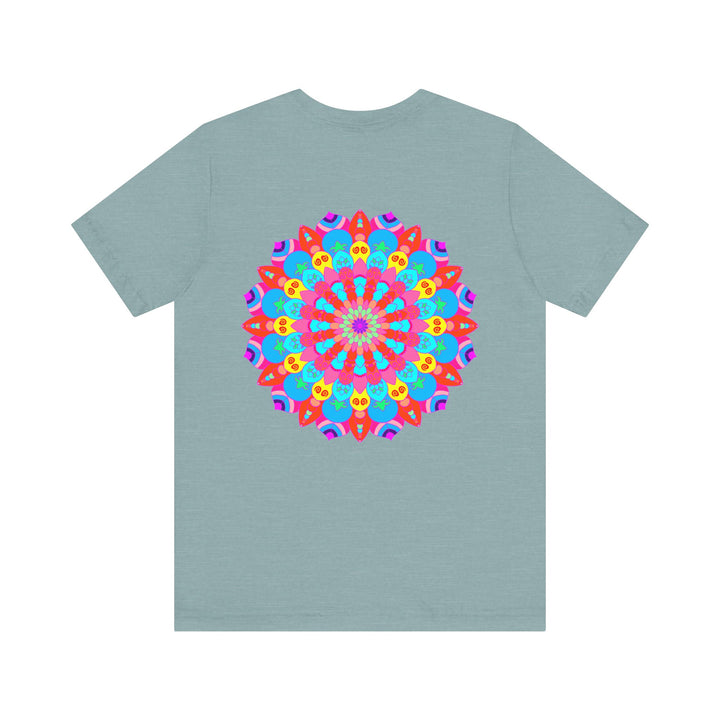 A colorful and intricate mandala design tee shirt symbolizing spiritual peace and harmony