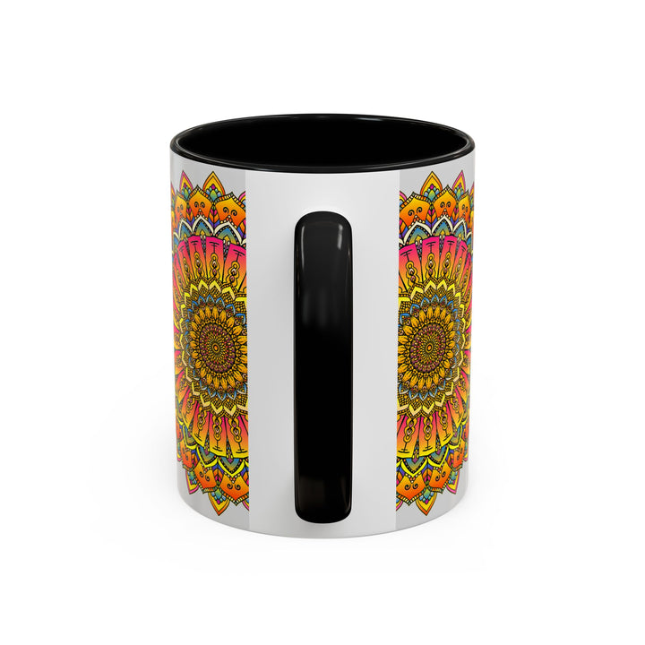 Beautiful mandala art mug featuring a colorful floral design on a white ceramic background