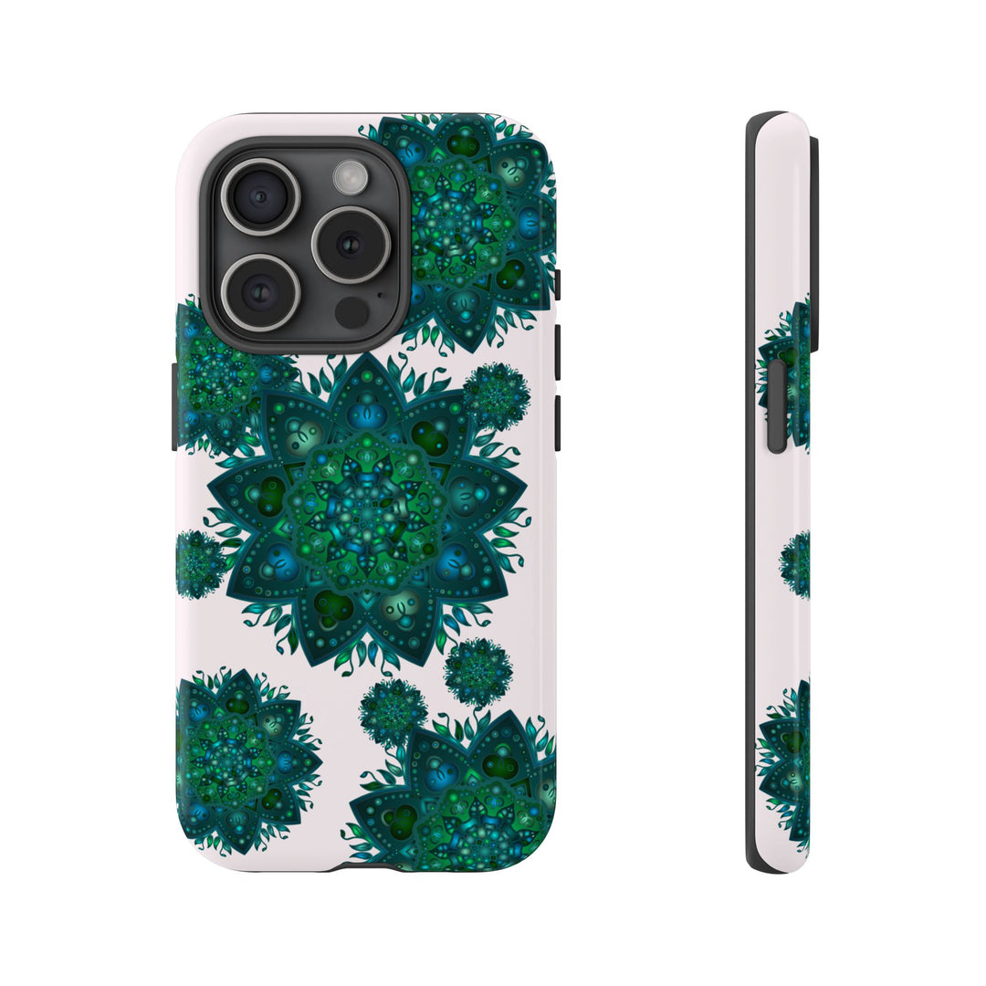 Beautiful light pink and green mandala phone case with a peaceful and intricate design