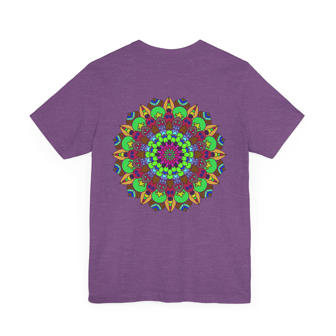 A stunning and colorful mandala design adorns this vibrant t-shirt, promoting peace and harmony with its intricate and eye-catching pattern