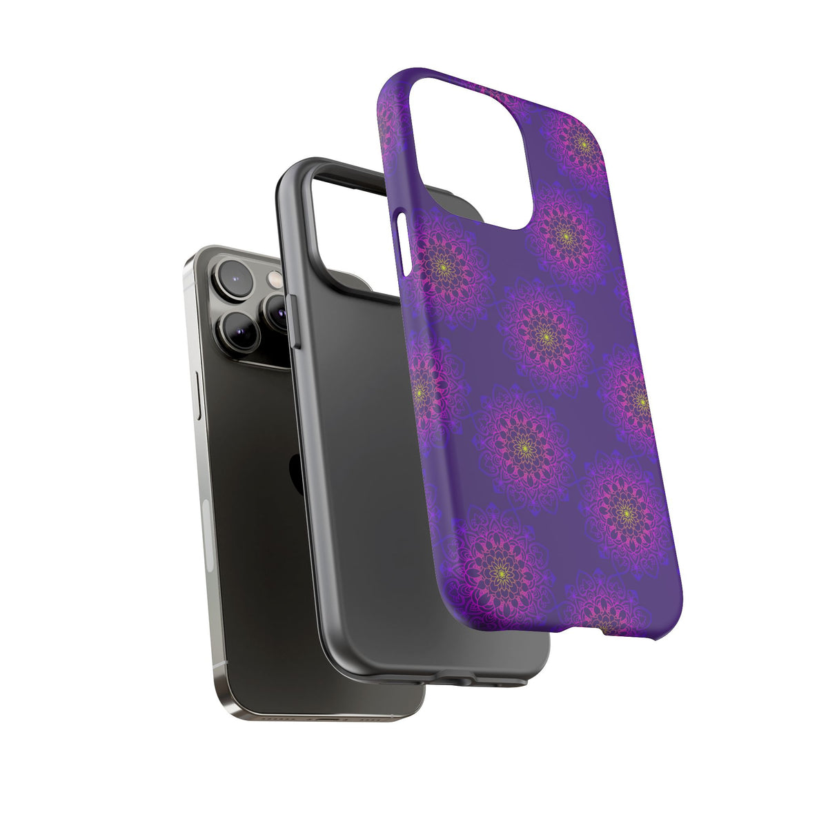 Intricate Purple Floral iPhone Case with Bold Mandala Design