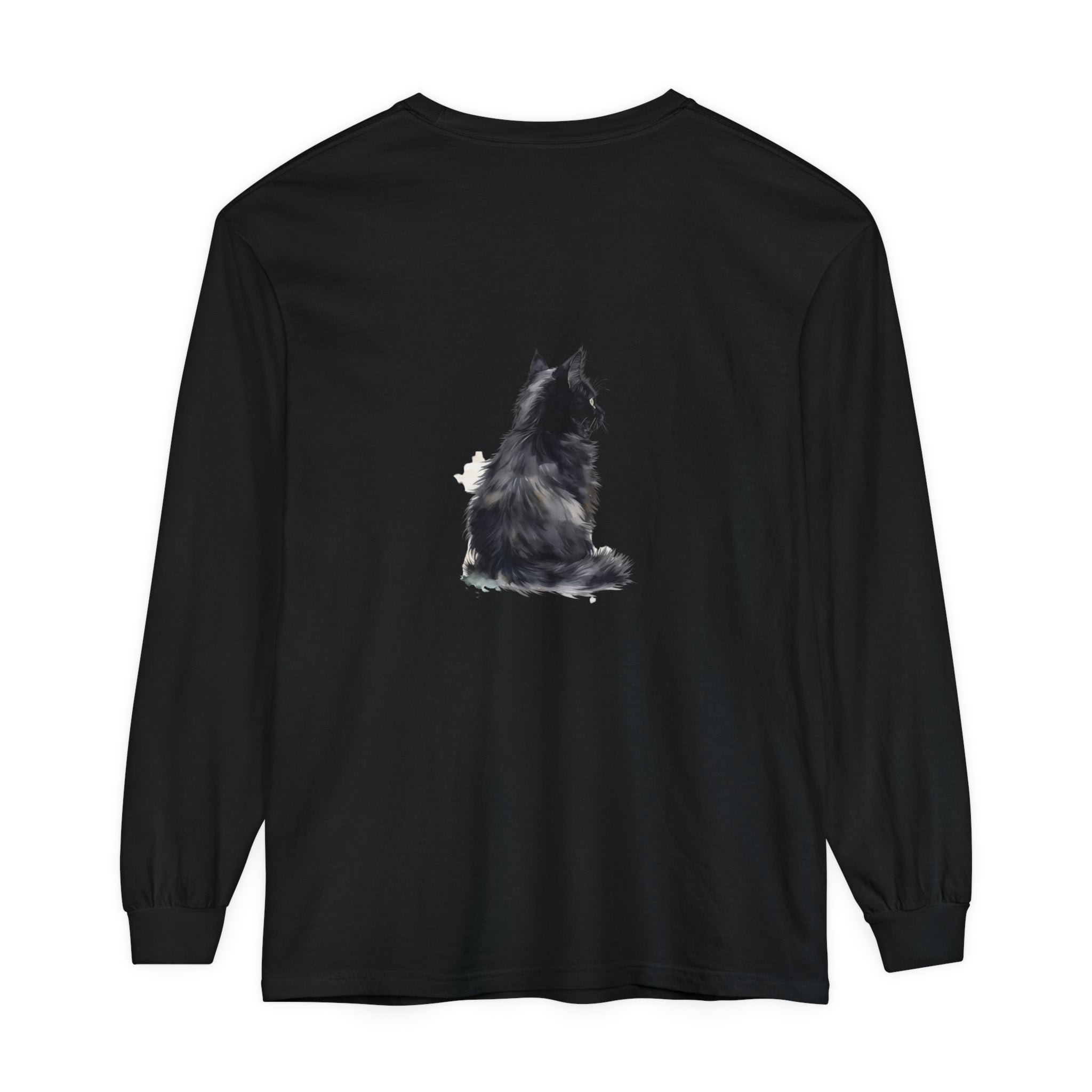 Black and white watercolor long sleeve T-shirt featuring a cat design