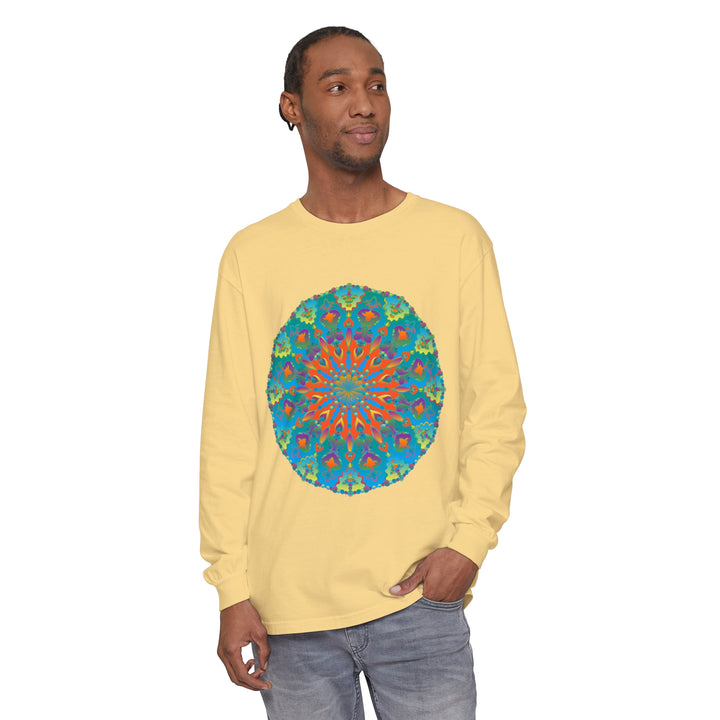 Colorful, intricate mandala design long sleeve t-shirt in rainbow hues