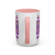 A close-up image of a ceramic mandala mug with a beautiful purple and pink floral design, perfect for enjoying your favorite hot beverages