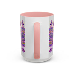 A close-up image of a ceramic mandala mug with a beautiful purple and pink floral design, perfect for enjoying your favorite hot beverages