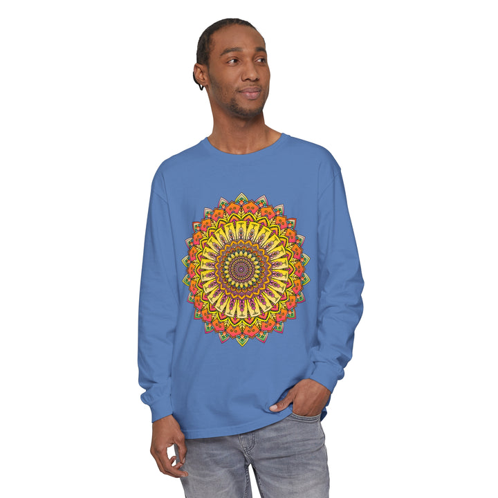 Intricate mandala design in vibrant colors on unisex long sleeve t-shirt