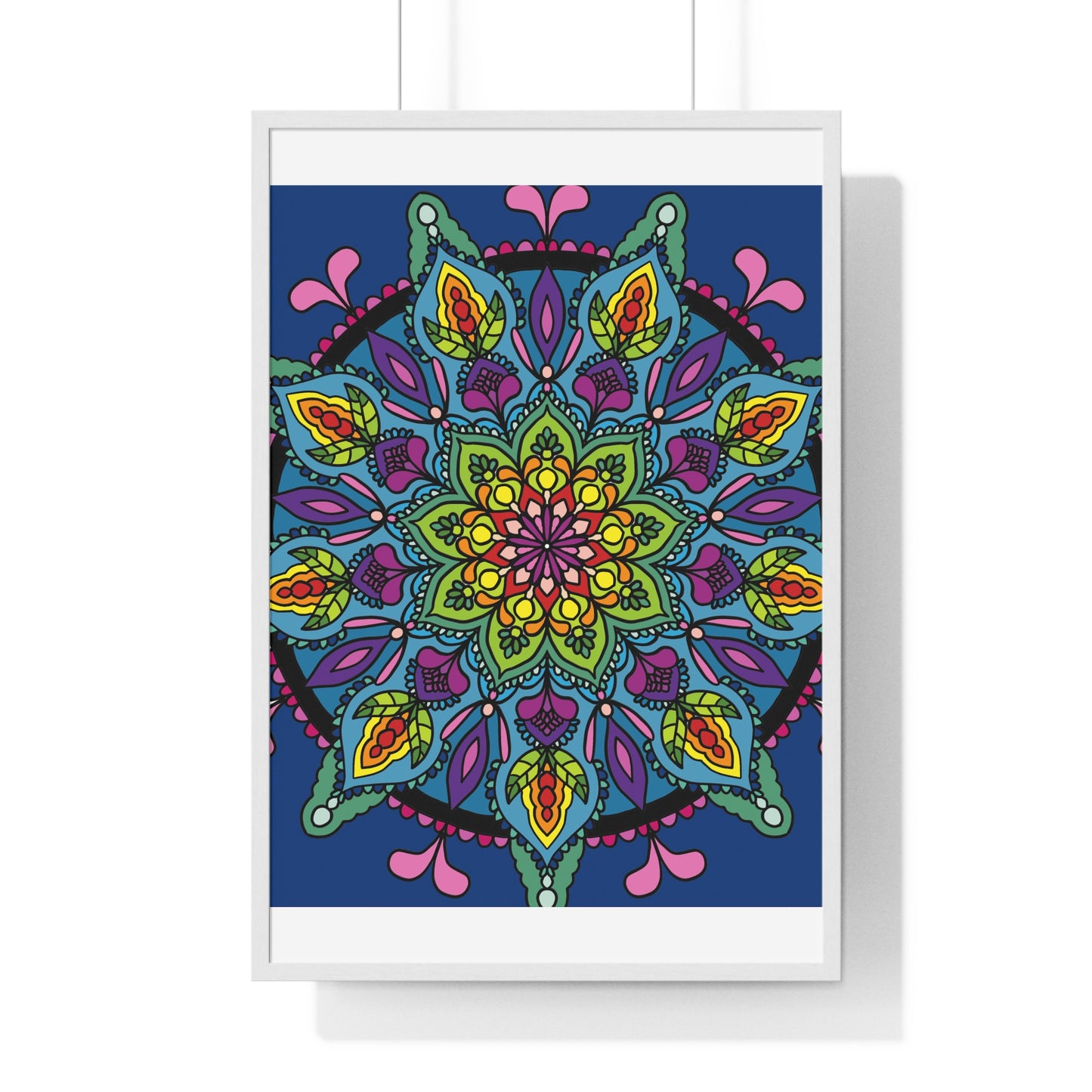 Vertical framed poster featuring a beautiful blue mandala art, perfect for mindfulness and yoga practices, hand-drawn and unique