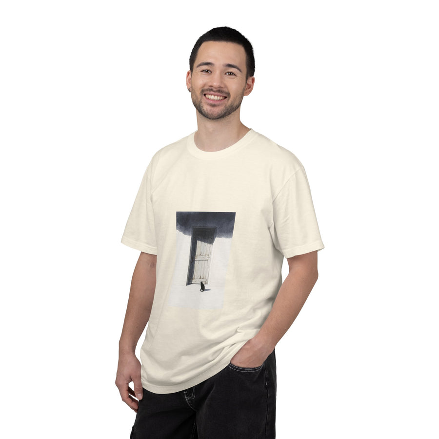 T-Shirt — Minimal Art Cat at Door Graphic Tee
